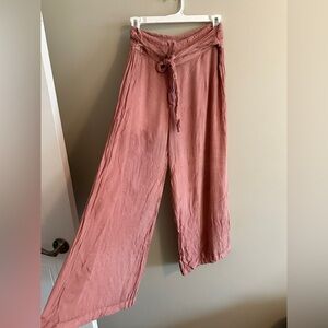 Wide leg stretchy waist pull up pants with front tie